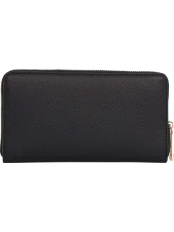 Portefeuille noir uni grainé avec fermeture zippée dorée et monogrammes
