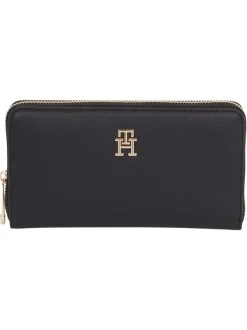 Portefeuille noir uni grainé avec fermeture zippée dorée et monogrammes