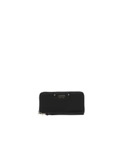 Portefeuille noir uni matelassé avec zips et logo métalliques dorés