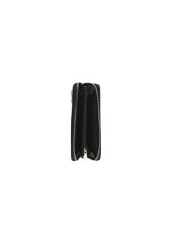 Portefeuille noir uni à zip avec nom de la marque métallique