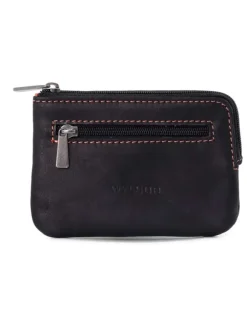 Porte-monnaie marron en cuir uni à fermeture zippée et logo embossé