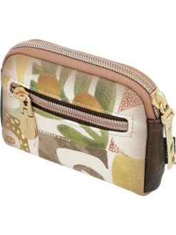 Porte-monnaie beige avec des imprimés et une fermeture à zip