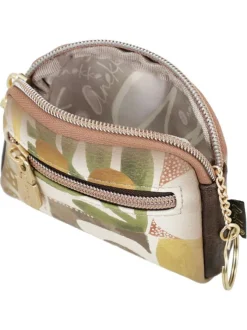 Porte-monnaie beige avec des imprimés et une fermeture à zip