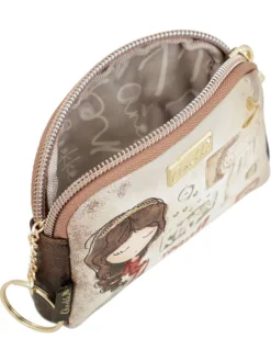 Porte-monnaie beige avec des imprimés et une fermeture à zip