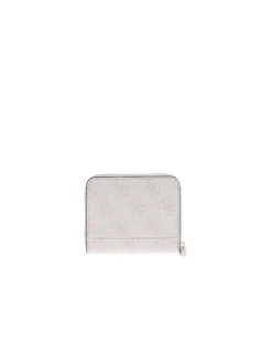 Porte-monnaie blanc imprimé au nom de la marque avec un zip de fermeture