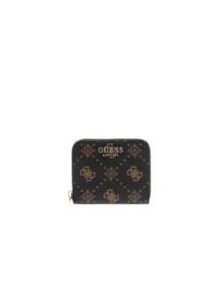 Porte-monnaie brun à fermeture zippée orné d'un motif monogramme