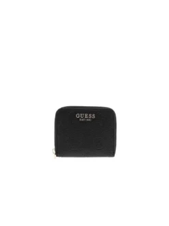 Porte-monnaie noir monogramme embossé sur le pourtour avec une fermeture zippée