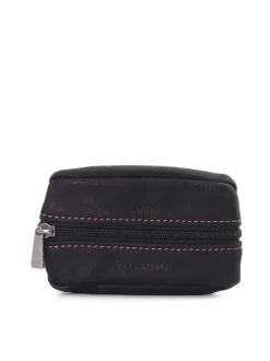 Porte-monnaie noir uni en cuir à fermeture zippée et logo embossée