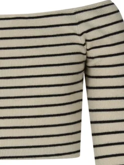 Pull à manches longues beige rayé avec une coupe crop top et un col rond