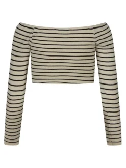 Pull à manches longues beige rayé avec une coupe crop top et un col rond