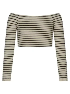 Pull à manches longues beige rayé avec une coupe crop top et un col rond