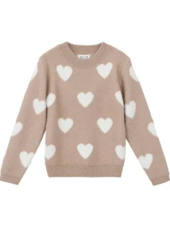 Pull beige en maille avec une coupe droite et des cœurs blancs imprimés