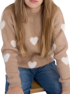 Pull beige en maille avec une coupe droite et des cœurs blancs imprimés