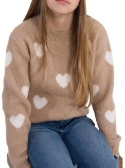 Pull beige en maille avec une coupe droite et des cœurs blancs imprimés