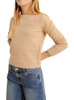 Pull beige uni avec une coupe droite à col rond et des manches longues