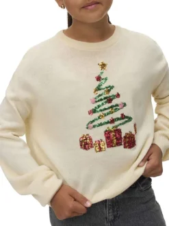 Pull écru avec un motif de noël en sequins brodés multicolores