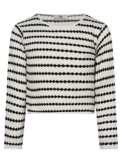 Pull écru en coton mélangé à rayures pourvu d'un col rond et d'une coupe droite