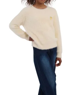 Pull écru uni en maille avec une coupe droite et un cœur doré sur la poitrine