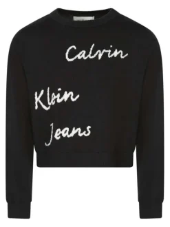 Pull en coton noir uni avec un col rond et le nom de la marque à l'avant