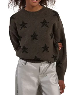 Pull kaki en maille tricotée avec des manches longues et des étoiles imprimées