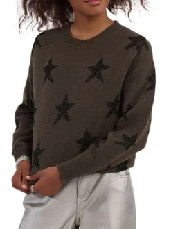 Pull kaki en maille tricotée avec des manches longues et des étoiles imprimées