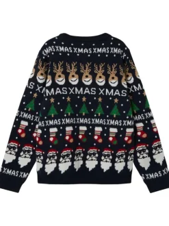 Pull marine avec un imprimé noël une coupe droite et un col rond