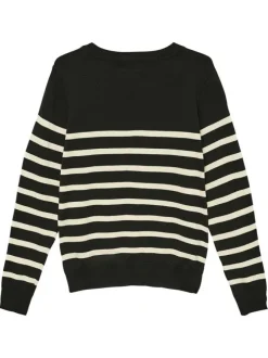 Pull marinière noir et écru à col rond avec un coeur brodé sur la poitrine