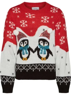 Pull moche de noël rouge imprimé à coupe droite col rond et à manches longues