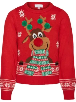 Pull moche de noël rouge imprimé à coupe droite col rond et à manches longues
