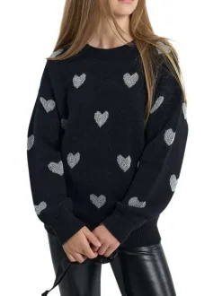 Pull noir en maille fine avec une coupe droite et des cœurs argentés brodés