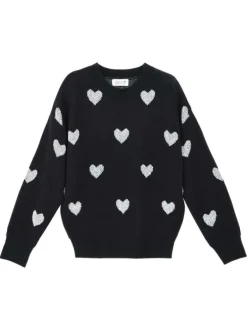 Pull noir en maille fine avec une coupe droite et des cœurs argentés brodés