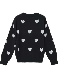 Pull noir en maille fine avec une coupe droite et des cœurs argentés brodés
