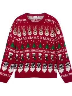 Pull rouge avec une coupe droite un col rond et un imprimé noël