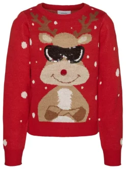 Pull rouge imprimé d'un renne de noël à l'avant avec une coupe droite
