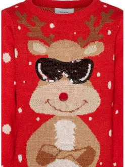 Pull rouge imprimé d'un renne de noël à l'avant avec une coupe droite