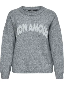 Pull anthracite à coupe droite avec un col rond et nom de la marque
