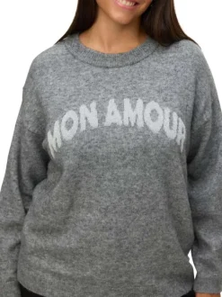 Pull anthracite à coupe droite avec un col rond et nom de la marque