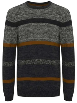 Pull anthracite et beige en coton rayé coupe droite col rond