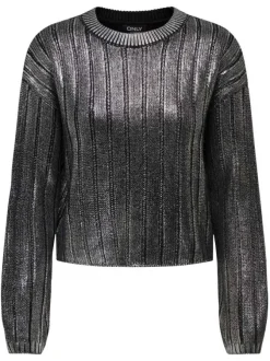Pull anthracite uni brillant avec une coupe droite et un col rond