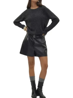 Pull anthracite uni incrusté de fils lurex avec un col rond