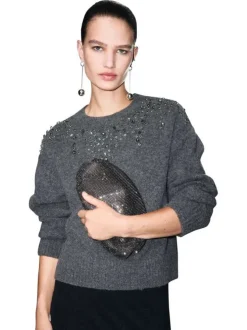 Pull anthracite uni pourvu d'un col rond et de manches longues