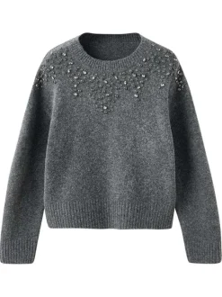 Pull anthracite uni pourvu d'un col rond et de manches longues