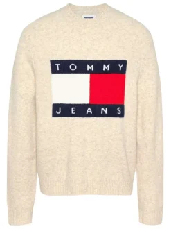 Pull beige chiné avec logo central à coupe droite, col rond et à manches longues