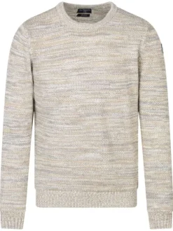 Pull beige chiné avec une coupe droite à col rond et à manches longues