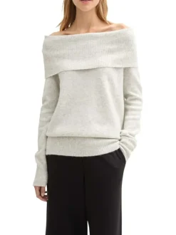 Pull beige chiné droit à large col bénitier et à manches longues