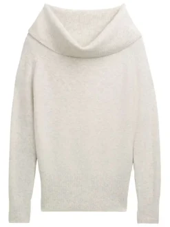 Pull beige chiné droit à large col bénitier et à manches longues