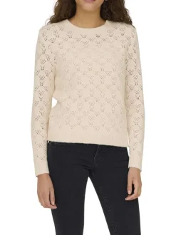 Pull beige en maille ajourée pourvu d'un col rond et de manches longues