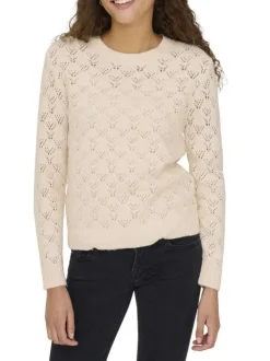 Pull beige en maille ajourée pourvu d'un col rond et de manches longues