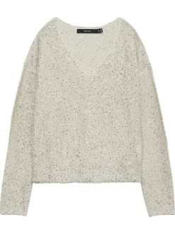 Pull beige fantaisie brodé de sequins argentés avec un léger col v