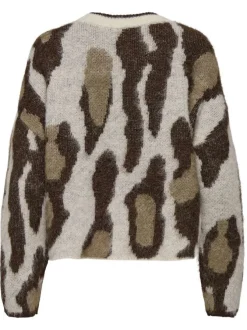 Pull beige imprimé avec une coupe droite à col rond et des manches longues